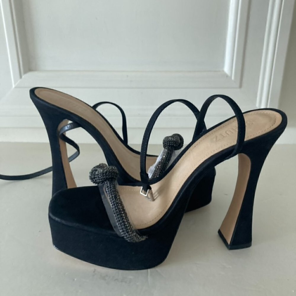Schutz Peaky Embellished Black Suede Heeled Sandals Sz 9.5
